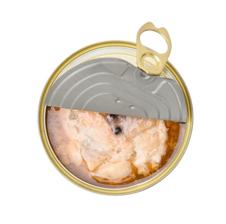 Open tin can of salmon isolated on white, top viewの写真素材