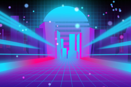 Metaverse. Digital city with buildings and luminary, illustrationの写真素材