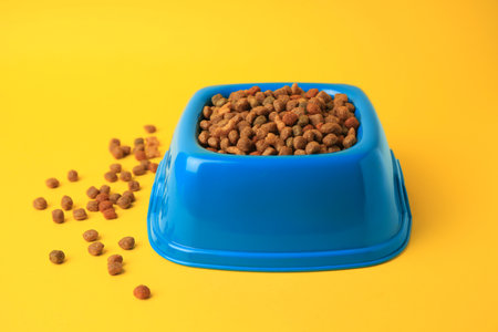 Dry pet food in feeding bowl on yellow backgroundの写真素材