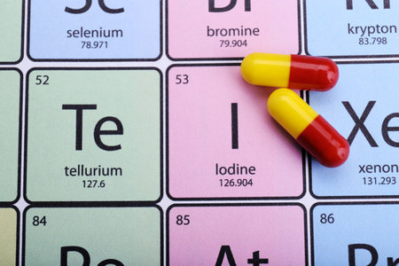 Symbol Iodine and pills on periodic table of elements, top view
