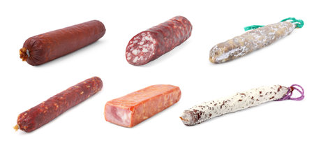 Collage with different delicious sausages on white backgroundの写真素材
