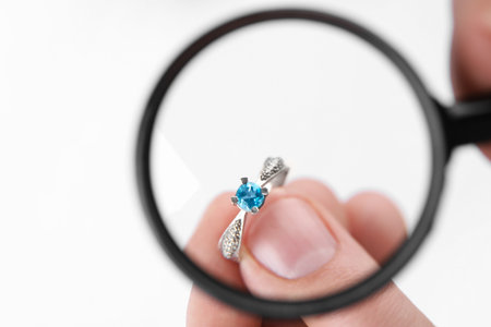 Jeweler examining topaz ring with magnifying glass on white background, closeupの写真素材
