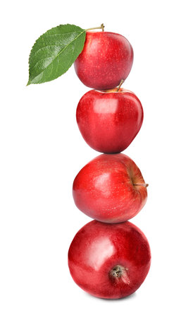 Stack of fresh ripe red apples on white backgroundの写真素材