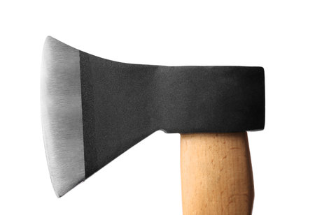 Metal ax with wooden handle isolated on white
