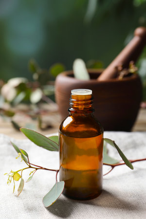 Bottle of eucalyptus essential oil and plant branches on tableの写真素材