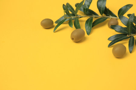 Fresh olives and green leaves on yellow background, closeup. Space for textの写真素材