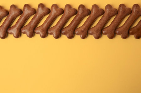 Bone shaped dog cookies on orange background, flat lay. Space for text