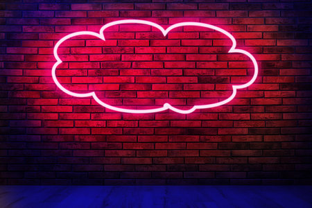 Glowing cloud neon sign on brick wall in roomの写真素材