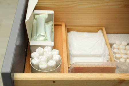 Storage of different feminine hygiene products in drawer, closeupの写真素材