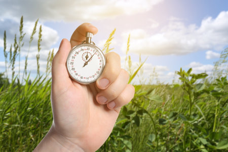 Man holding timer in meadow, closeup. Space for textの写真素材