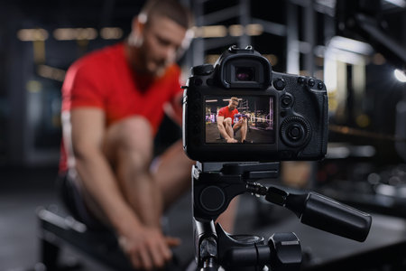 Man recording workout at gym, focus on camera. Online fitness trainerの写真素材
