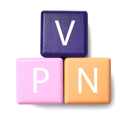 Colorful cubes with acronym VPN on white background, top viewの写真素材