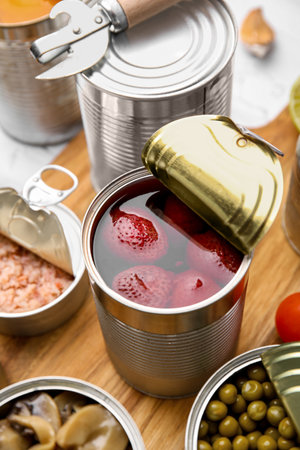 Open tin cans with different preserved products on wooden board, closeupの写真素材