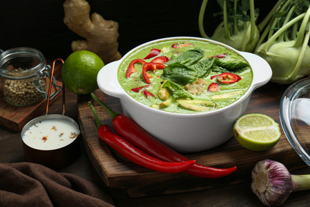 Saucepan with delicious green curry chicken soup and different ingredients on wooden tableの写真素材
