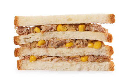 Delicious sandwich with tuna and corn on white backgroundの写真素材