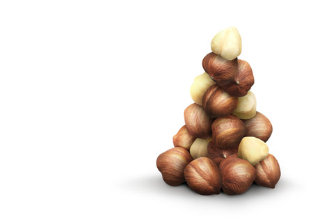 Heap of many hazelnuts on white backgroundの写真素材