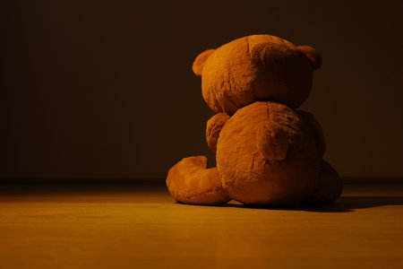 Cute lonely teddy bear on floor in dark room, back view. Space for textの写真素材