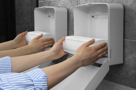 Woman putting new fresh paper towels into dispenser in bathroom, closeupの写真素材