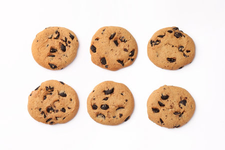 Delicious chocolate chip cookies on white background, flat layの写真素材