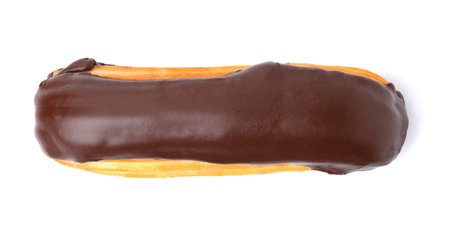 Delicious eclair covered with chocolate isolated on white, top viewの写真素材