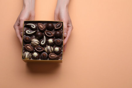 Woman with box of delicious chocolate candies on beige background, top view. Space for textの写真素材