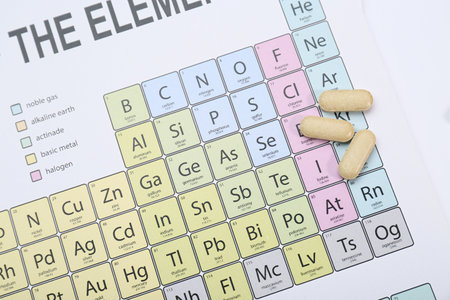 Symbol Iodine on periodic table of elements against white background, top view