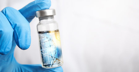 Genetics research. Scientist holding vial with liquid and illustration of DNA structure, closeup. Banner design with space for textの写真素材
