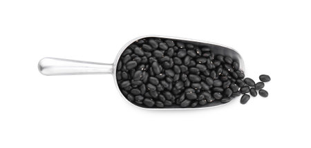 Scoop with raw kidney beans isolated on white, top view