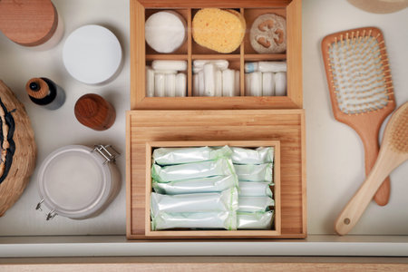 Keeping tampons and other self care products in drawer, flat lay