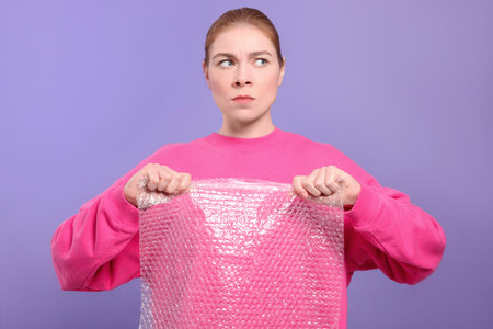 Angry woman popping   wrap on purple background. Stress relief