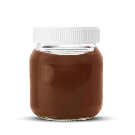 Jar of tasty chocolate paste isolated on whiteの写真素材