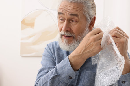 Senior man popping bubble plastic wrap at home, space for text. Stress relief