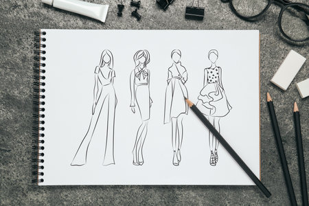Sketches of different clothes in pad on gray textured table. Fashion designer's desk with stationery, flat layの写真素材