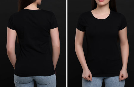 Woman wearing black t-shirt on dark background, back and front views. Mockup for designの写真素材