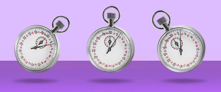 Concept of time. Collage with vintage timer in air on color background