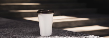 Takeaway cardboard coffee cup with plastic lid outdoors, space for text. Banner design