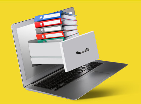 Digital archive. Drawer with stacked folders sticking out of laptop screen on yellow background