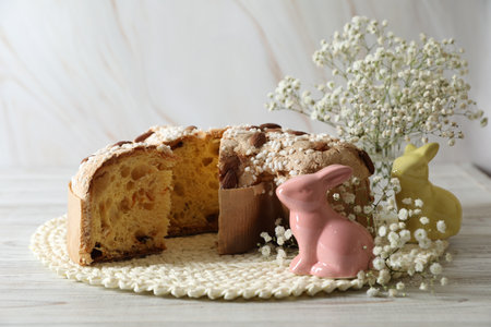 Delicious Italian Easter dove cake (traditional Colomba di Pasqua) and festive decor on white wooden...