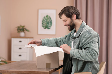 Happy man opening parcel at home. Internet shoppingの写真素材