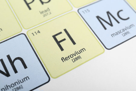 Symbol Flerovium on periodic table of chemical elements, closeup view