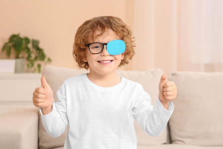 Happy boy with eye patch on glasses showing thumbs up indoors. Strabismus treatment