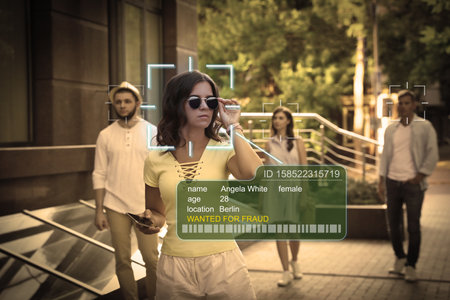 Facial recognition system identifying people on city street. AI giving personal data of woman
