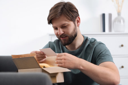 Happy man with greeting card near parcel at home. Internet shoppingの写真素材