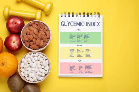 Glycemic index. Information about grouping of products under their GI in notebook, fruits, almonds, beans and dumbbells on yellow background, flat layの写真素材