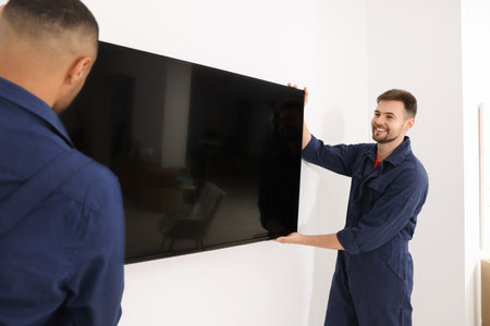 Male movers carrying plasma TV near white wall indoorsの写真素材