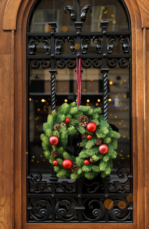 Beautiful Christmas wreath hanging on wooden doorの写真素材