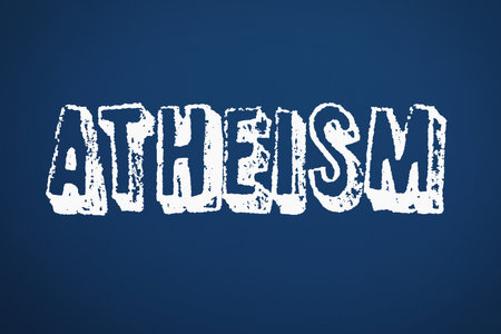 White word Atheism on blue background. Philosophical or religious positionの写真素材