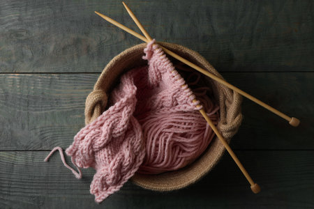 Soft pink woolen yarn, knitting and needles on wooden table, top viewの写真素材
