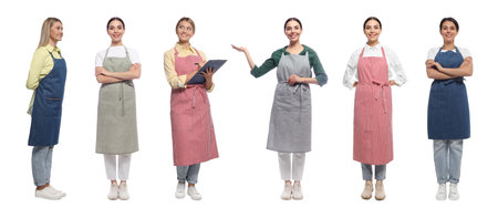 Collage with photos of women in aprons on white backgroundの写真素材