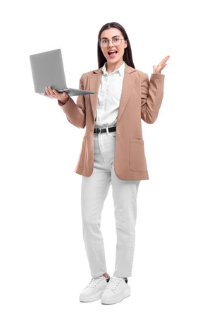 Beautiful emotional businesswoman with laptop on white backgroundの写真素材